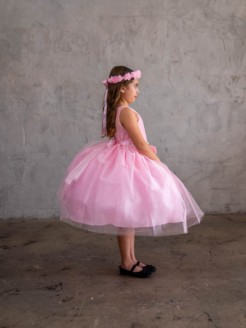 Girls A-Line Sequin Top Bow Waist V Back Tulle Flower Girl Dress 2-16